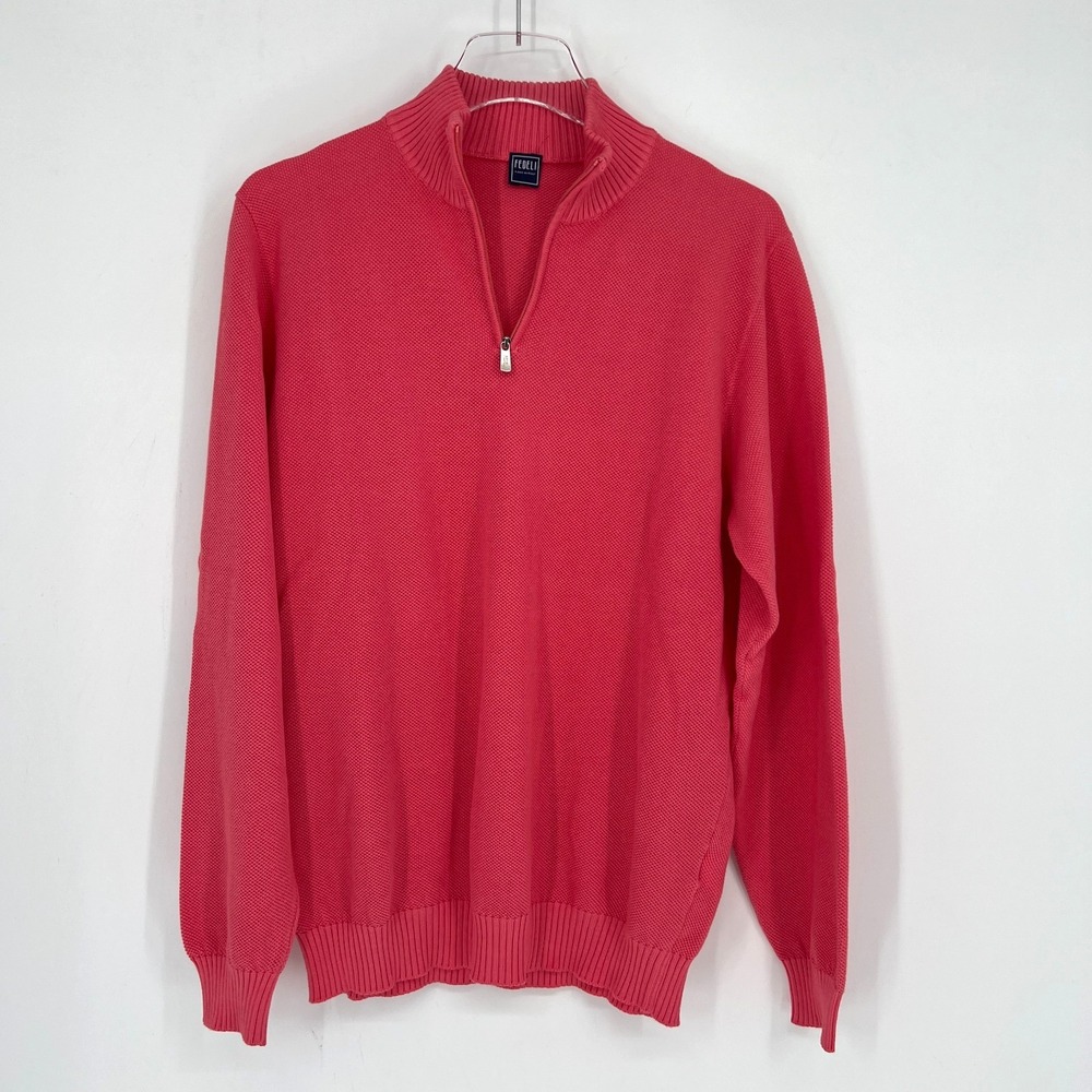 Fedeli‎ Sweater Mens 52 US L Pink Knit Mock Knit Quarter Zip Cotton Preppy